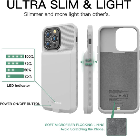 Battery Case for iPhone 13 Pro Max & 12 Pro Max, Real 7000mAh Ultra-Slim Battery Charging Case Rechargeable Anti-Fall Extended Battery for iPhone ...