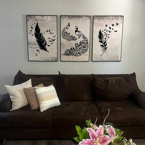 Feather Stencils for Painting on Wood, Peacock Stencils for Crafts Reusable Wood Burning Drawing Art Paint Stencils and Patterns for Wall Cake Coo...