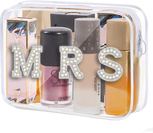 Bride Clear Makeup Bag Cosmetic Bag Waterproof Bride Toiletry Bag Mrs Pearl Rhinestone Patch Letter Bags Makeup Pouch Travel Storage Bag for Brida...