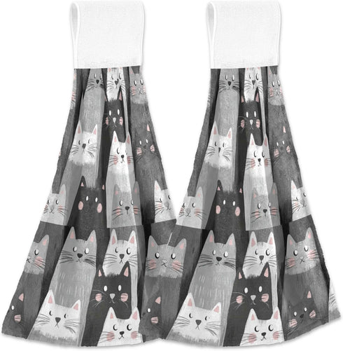 Boccsty Cats Kitten Pattern Hanging Kitchen Towels 2 Pieces Funny Gray Kitty Animal Dish Cloth Tie Towels Hand Towel Tea Bar Towels for Bathroom F...