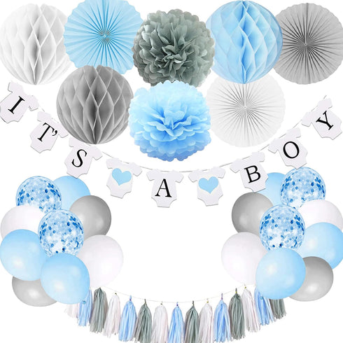 Baby Shower Decorations for Boy, It’s A Boy Banner with Paper Fan Tissue Pompoms Honeycomb Ball Party Balloons Foil Tassel, Blue and Grey It’s A b...