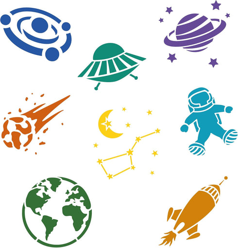NAKLEO 8 pcs Drawing Stencils for Kids - 15x15cm (6x6 inch) - Space - Universe - Reusable Washable Plastic - Art and Craft Template Set - Painting...