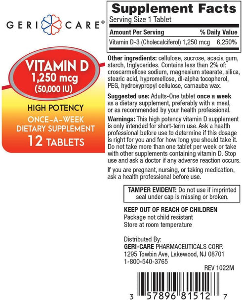 GeriCare Vitamin D 1,250mcg (50,000 IU) High Potency Once-A-Week Dietary Supplement, 12 Count (Pack of 1)...