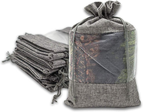 12-Pack X-Large Linen Burlap & Organza Gift Bags w. Drawstrings (7.5x11.5 in, Gray) - Party Favors, Presents, Samples & Treats Mesh Pouch by The D...