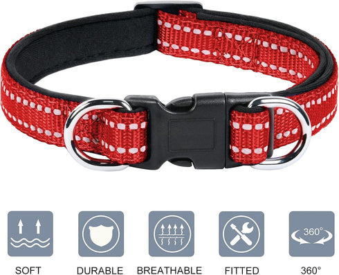 AUAUY Reflective Nylon Dog Collars, Adjustable Classic Pet Collars with Soft Neoprene Padding, Double Security Dual D-Ring and Quick Release Buckl...