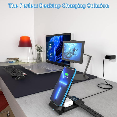 Kabcon Wireless Charger 3 in 1, 15W Foldable Fast Charging Station Compatible for Apple iWatch, AirPods,iPhone 13/13 Pro/12/12 Pro/11/11 Pro Max/X...