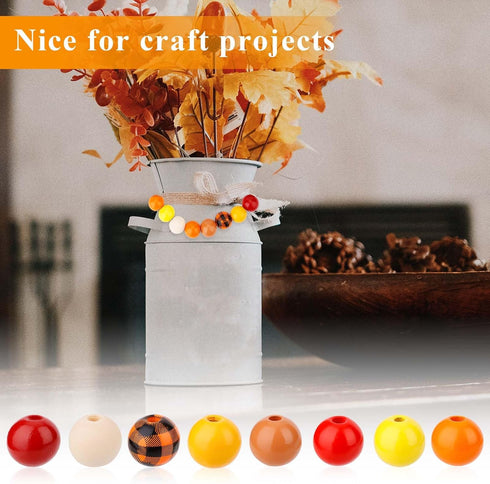 240pcs Fall Wooden Craft Beads with Hemp Rope, Thanksgiving Halloween Wooden Beads Plaid Wood Beads Wooden Round Beads Autumn Wooden Beads for DIY...