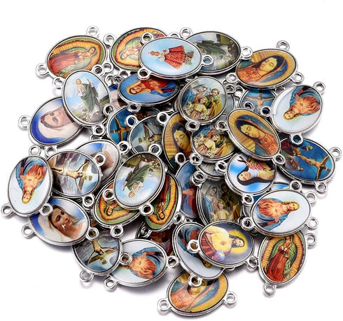 84Pcs/42Sets Rosary Kits Cross and Center Medal Charms Alloy Religion Enamel Picture Jesus Maria Links Connector Pendant for Diy Catholic Jewelry ...