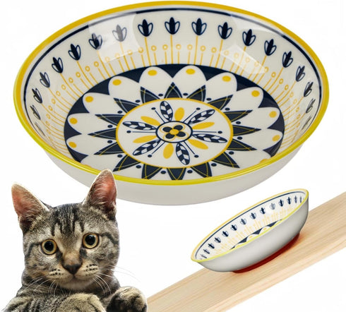 Whisker Fatigue Cat Bowl — 5.5 in Ceramic Cat Bowls, Shallow Cat Food Dish, Cute Flat Cat Bowl, Small Wide Cat Plates for Indoor Cats with Silicon...