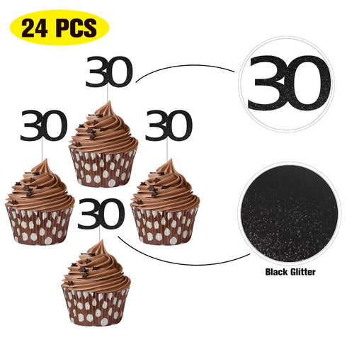 Sumerk 24PCS 30 Cupcake toppers Black Glitter 30th Birthday Cupcake Picks Anniversary Party Decorations...