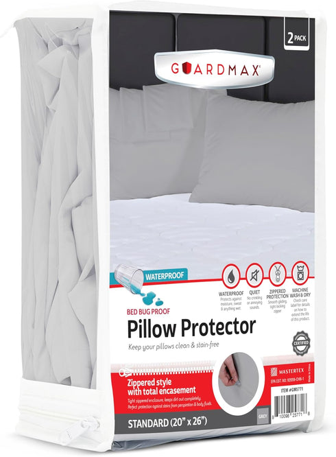 Guardmax Waterproof Pillow Protector Grey Standard Size - Zippered Bed Bug Pillow Protector 2 Pack - Hypoallergenic Pillow Case Cover Protects fro...