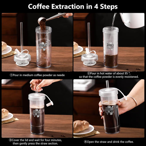 Portable Travel Coffee Press (16oz) - Double Wall with lids and Straws -Single Serve French Press for Travel, Home, Office, & More -No Leak Coffee...