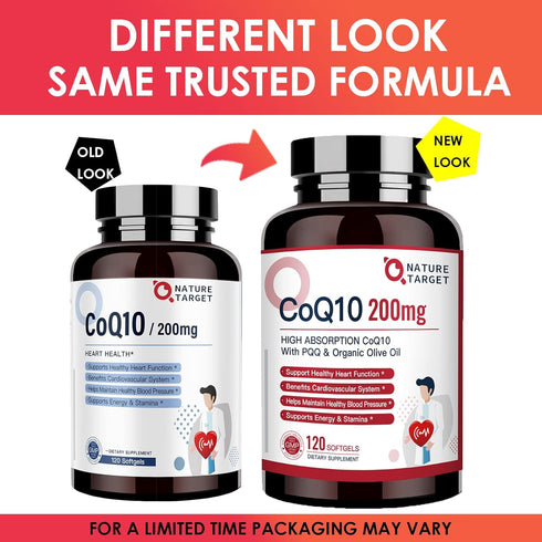 NATURE TARGET CoQ10-200mg-Softgels + PQQ with Organic-Olive-Oil - High Absorption-Coenzyme-Q10 - Antioxidant-for-Heart-Health and Immune Support, ...