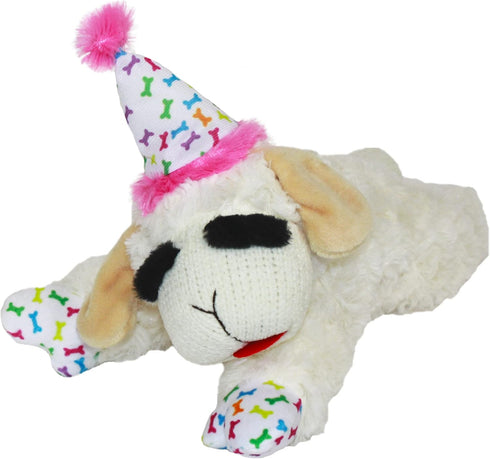 Multipet Lamb Chop Dog Toy with Birthday Hat, Pink, 10.5"...