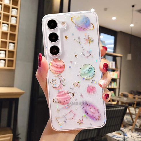 for Samsung Galaxy S23 Clear Case with Glitter Stars Planet Universe Design,Sparkle Bling Cute Slim Soft TPU Protective Women Girl's Phone Cover f...