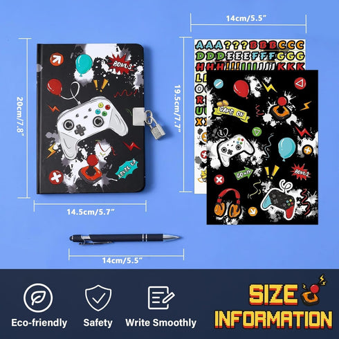 WERNNSAI Kids Diary Set for Boys Game Journal Kit - Kids Luminous Journal with Lock and Keys, Boys Game Diary, Video Game A5 Lined Writing Noteboo...
