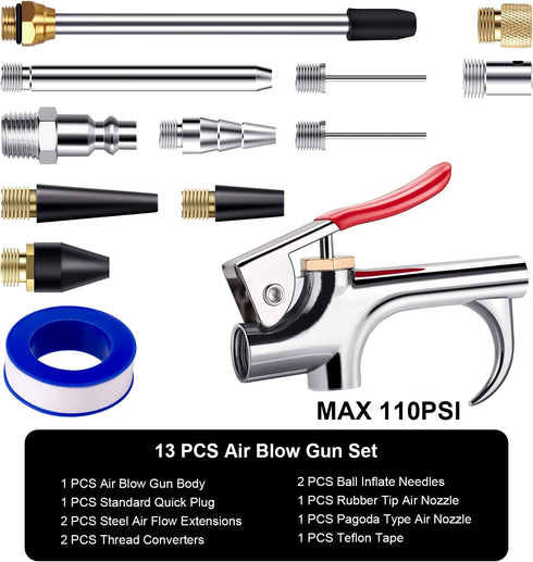 13 Pcs 2-Way Connection Air Nozzle Blow Gun Set, Air Nozzle Kit with 1/4 in Standard Quick Fitting and 8 Air Nozzles, Air Compressor Accessories f...