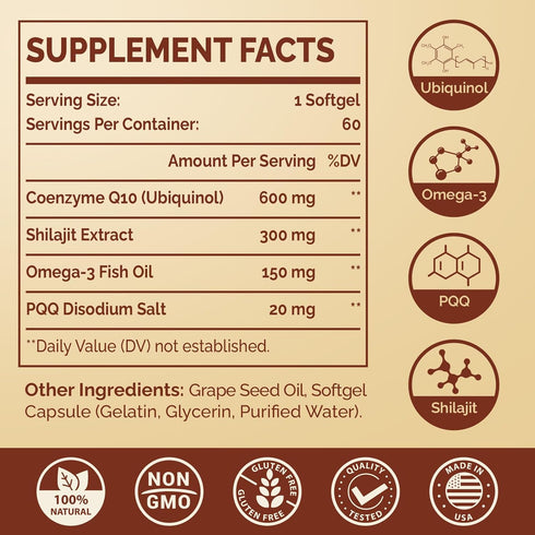 Ubiquinol CoQ10 600 MG Softgels with Omega-3 & Shilajit & PQQ, Advanced Dual-Delivery Coenzyme-Q10, Active CoQ10 Ubiquinol Supplement for Antioxid...