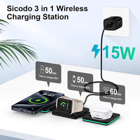 3 in 1 Wireless Charging Station for iPhone 15/14/13/12 Pro/Max/Mini, Magnetic Charger Foldable for AirPods 3/2/Pro, Travel Wireless Charging Pad ...