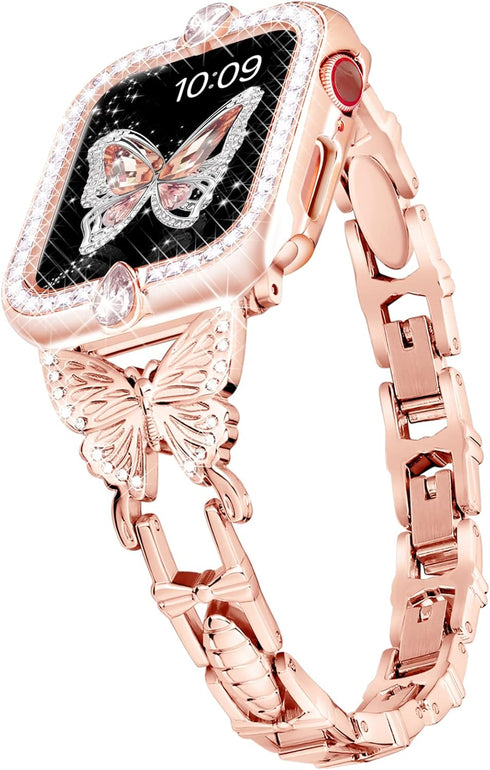 wipalor Compatible with Apple Watch Band 40mm+Gemstones Case, Lightweight for Women, Easy Bracelet, Shiny Diamond on Butterfly, Rose Gold & Case (...