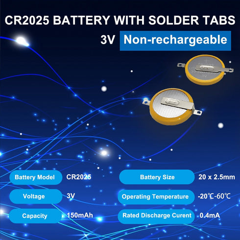 5 Pack 3V Tabbed CR2025 Batteries 2025 Gameboy Cartridge Battery Solder Tabs Lithium Battery Gameboy Color GBC Replacement Battery...