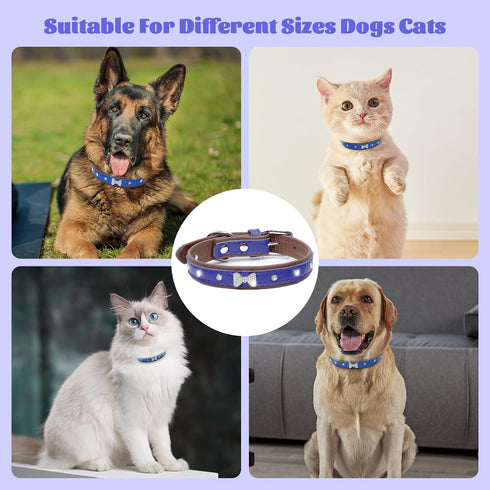 Pet Bling Accessories Cat and Dog Rhinestone Collar PU Leather Adjustable Collar (Medium, Navy Bule)...