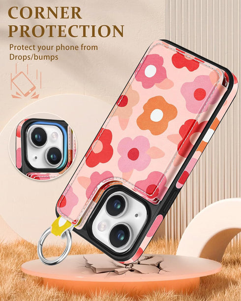 for iPhone 15 plus Wallet Case with Card Holder, Cute Designer Pk Flower Pattern Kickstand Magnetic Clasp Back Flip Folio Leather Cases for iPhone...