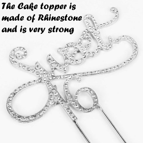 Sweet 16 Cake Topper for 16 Years Birthday Or 16th Wedding Anniversary Crystal Rhinestone Party Decoration Silver...