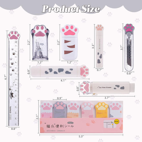 8 Pcs Cute Cat Paw Stationery Set Kawaii School Supplies Including Pencil Sharpener Retractable Eraser Correction Tape Sticky Notes Ruler Mini Sci...