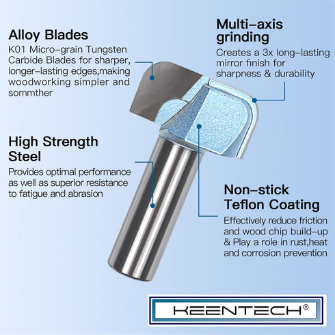 KEENTECH Router Bits, Carbide Tipped Dish Carving Bit for Edge Forming, Industrial Grade Blue Cutting Tools for Woodworking (1/4 Inch Shank x 1/2 ...