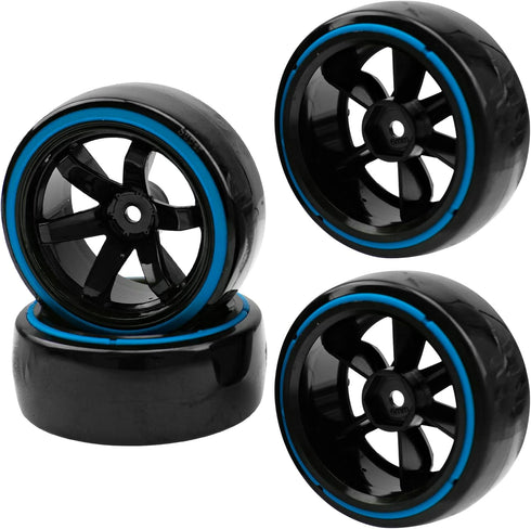 1/10 RC Drift Car Tires Hard Plastic Tyre & 12mm Hex Hub Wheel Rims 6 Spoke Compatible with Traxxas HSP Tamiya Kyosho HPI Redcat Racing MST 1/10 O...