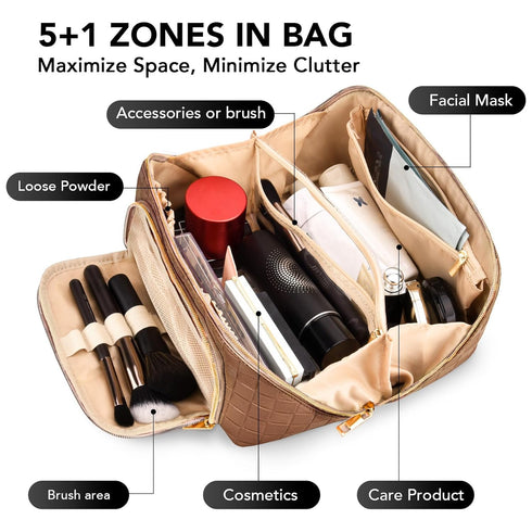 stona Travel Makeup Bag for Women, Large Capacity PU Leather Waterproof Checkered Cosmetic Bags, Portable Pouch Open Flat Toiletry Bag, Make up Or...