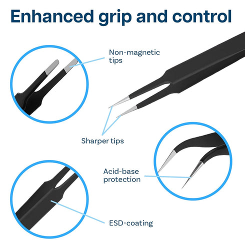 MMOBIEL 10x Industrial Precision ESD Tweezers Anti-Static Stainless Steel for Electronics Tools, Jewelry, Computer, Laboratory Work, Crafts and Ho...