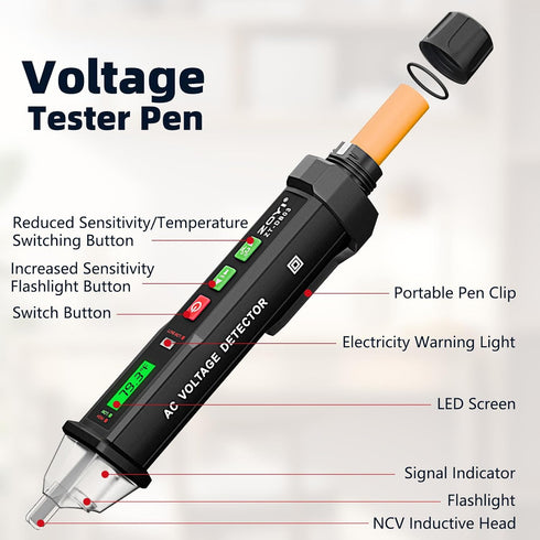 Voltage Tester - 2024 Professional Electrical Tester with LED Light, Non Contact Voltage Tester with Temperature Display, Battery-Operated Electri...