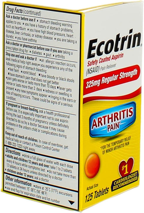 Ecotrin Regular Strength Aspirin, Arthritis Pain Relief, 325mg Regular Strength, 125 Safety Coated Tablets...