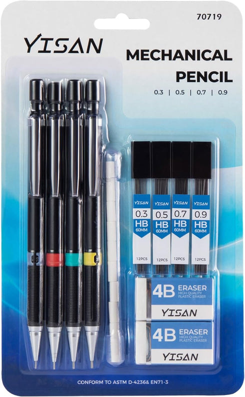 YISAN Mechanical Pencil Set 0.3 & 0.5 & 0.7 & 0.9mm,Automatic Pencil,Lead Pencils 4 PCS with Erases and Lead Refills for School Writing,Skeching,D...