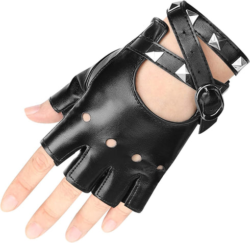 Accmor Leather Punk Gloves Fingerless Gloves for Women Driving Cycling Sports Cosplay Performance Half Finger Gloves for Women Teens Kids...