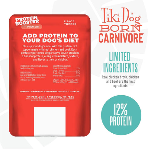 Tiki Dog Born Carnivore Protein Booster Dog Food Topper, Chicken and Beef Recipe in Broth, 2.1 oz. Pouch (12 Count)...