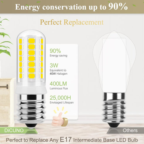 DiCUNO E17 LED Bulb Under Microwave Oven Lights, Daylight White 5000K, 3W (40W Halogen Replacement) 400LM 120V E17 Intermediate Base Light Bulb fo...