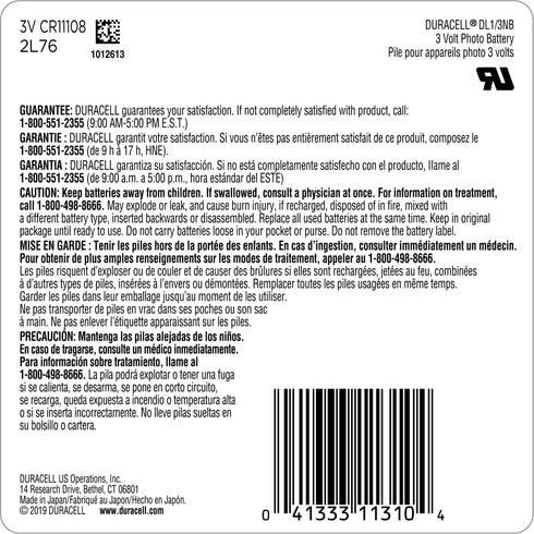 Duracell 1/3N 3V Lithium Battery, 1 Count Pack, Lithium Coin Battery for Digital Cameras, Watches, and more, CR Lithium 3 Volt Cell...