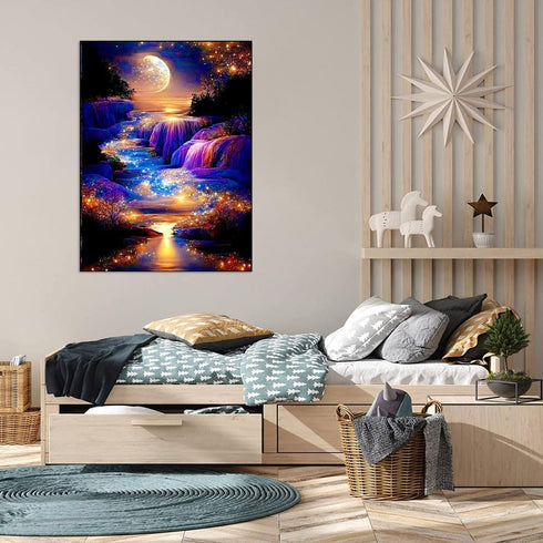 Moonlight Waterfall Stamped Cross Stitch Kits - Nature Landscape Starry Scenery Needlepoint Counted Cross Stitch Kits for Beginners Adults Pattern...