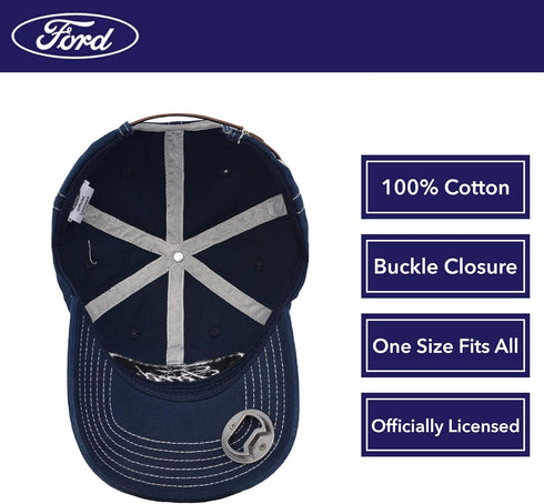 Ford Washed Cotton Adjustable Baseball Hat with Curved Brim and Bottle Opener, Navy Blue, One Size...