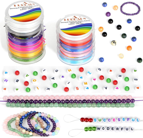 LPBeads 12 Rolls 0.8mm Elastic Stretchy String Cord for Bracelet Jewelry Making with Beading Needles and Ruler...