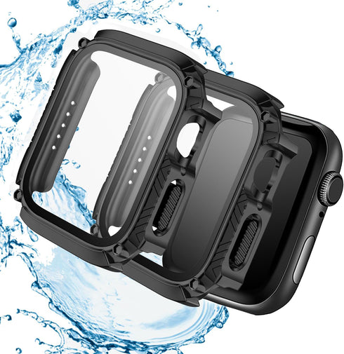 2-Pack for Apple Watch Series 9 8 7 Waterproof Case with Tempered Glass Screen Protector Ultra-Thin for 45mm - Black...
