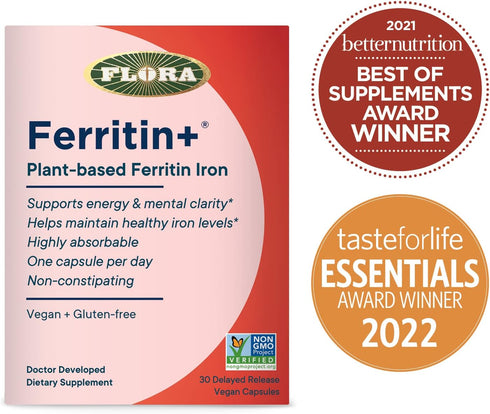 Flora- Iron Ferritin+ Plant-Based Supplement for Women - Non-Constipating, Highly Absorbable - Supports Vitality & Wellness - Vegan Iron Supplemen...