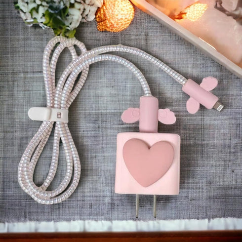 Cable Protector for iPhone Charger, Silicone Charger Protector Set - Cute Cable Cover Silicone Charger Case for 18W/20W iPhone Charger, Pink Heart...