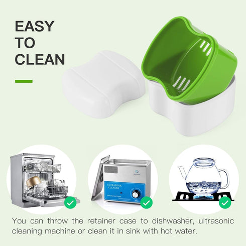 Denture Cup Bath Box Case with Strainer Basket, Dental Retainer Case Soaking Container Denture Cleaning Cup for Upper and Lower(Light Green)...