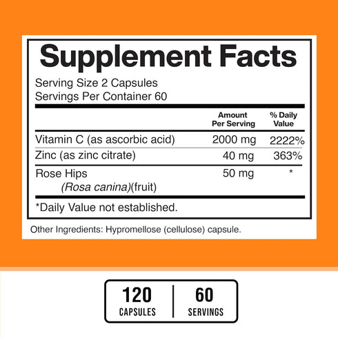 American Standard Supplements Vitamin C 2000mg, Zinc 40mg, and Rose HIPS 50mg Per Serving – Vegan, Gluten Free, Non-GMO (120 Count)...