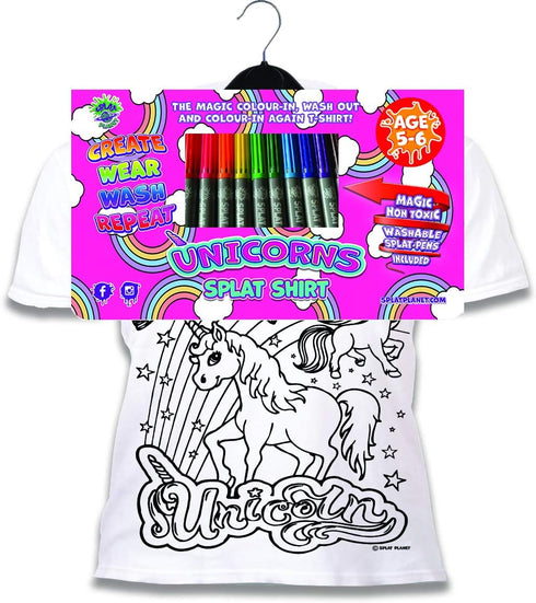 Splat Planet Colour-in Unicorn T-Shirt with 10 Non-Toxic Washable Magic Pens - Colour Your Own, Colour-in and Wash Out T-Shirt, Reusable Colouring...
