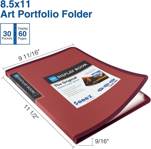 Sooez 30-Pocket Binder with Plastic Sleeves 8.5x11" (Ruby), Heavy Duty Art Portfolio Folder with Clear Sheet Protectors, Display 60 Pages, Present...